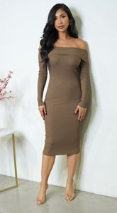Sonja Off Shoulder Long Sleeve Ribbed Midi Dress - Brown